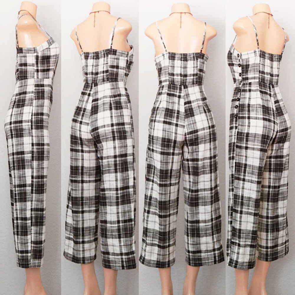 Plaid 100% Cotton Wide Leg Crop Overall Jumpsuit - Picture 7 of 8